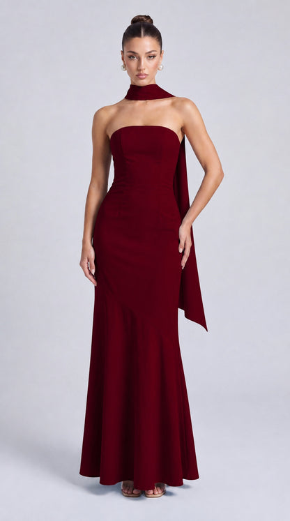 Strapless Scarf-Tie Lace-Up Side Mermaid Maxi Dress – Prom & Evening Gown - Wine Red - View 1