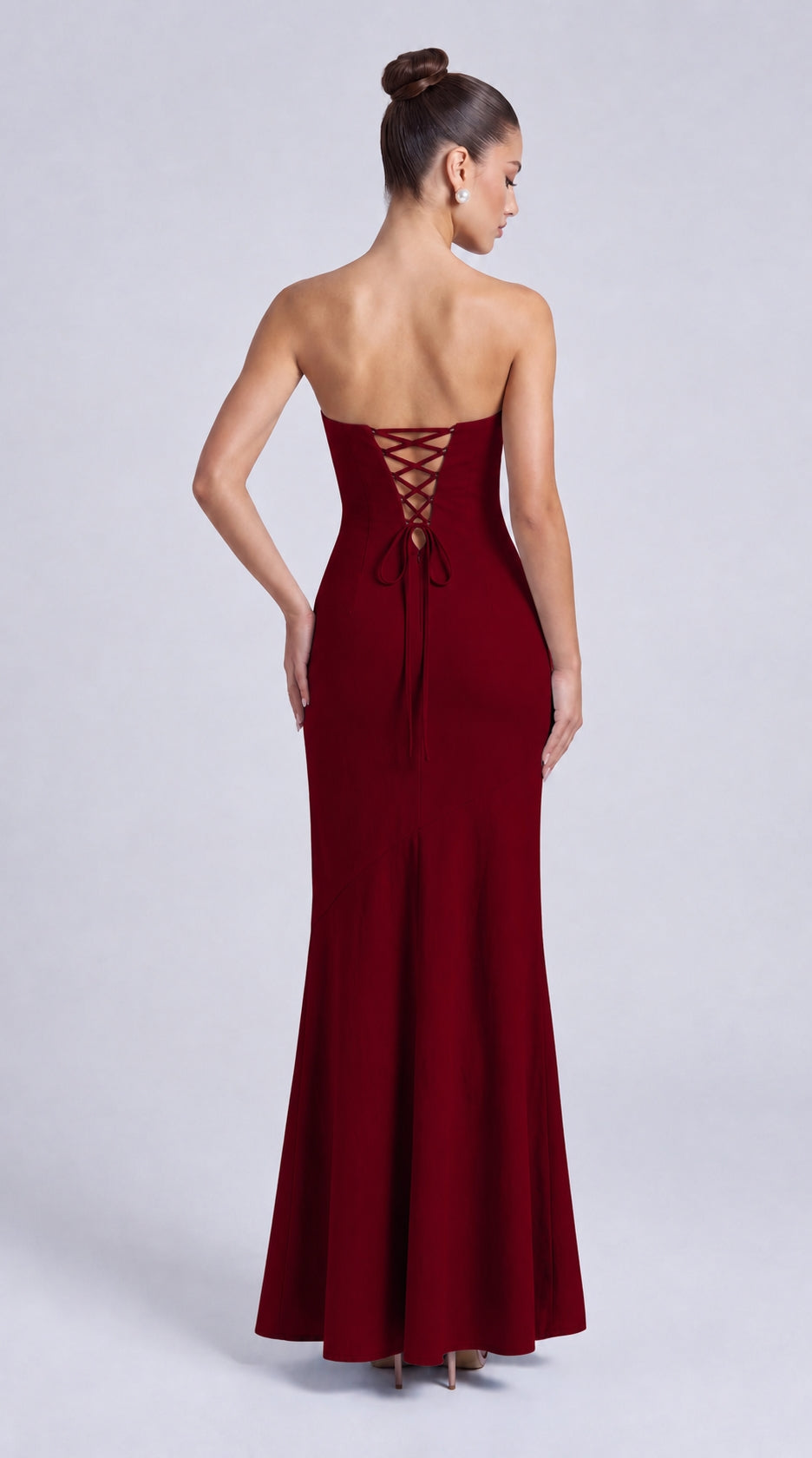 Strapless Scarf-Tie Lace-Up Side Mermaid Maxi Dress – Prom & Evening Gown - Wine Red - View 2