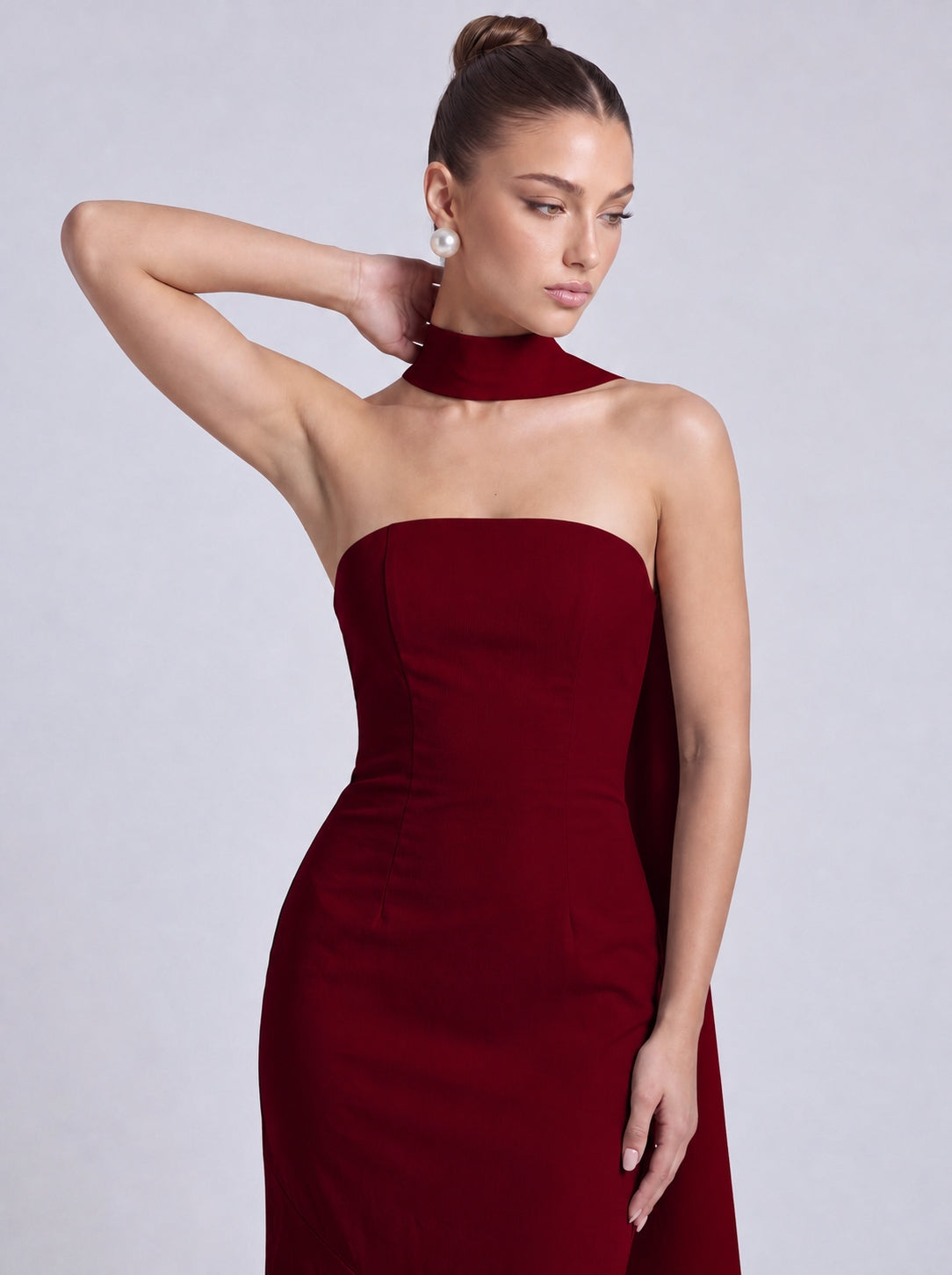 Strapless Scarf-Tie Lace-Up Side Mermaid Maxi Dress – Prom & Evening Gown - Wine Red - View 3