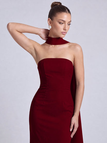 Strapless Scarf-Tie Lace-Up Side Mermaid Maxi Dress – Prom & Evening Gown - Wine Red - View 3