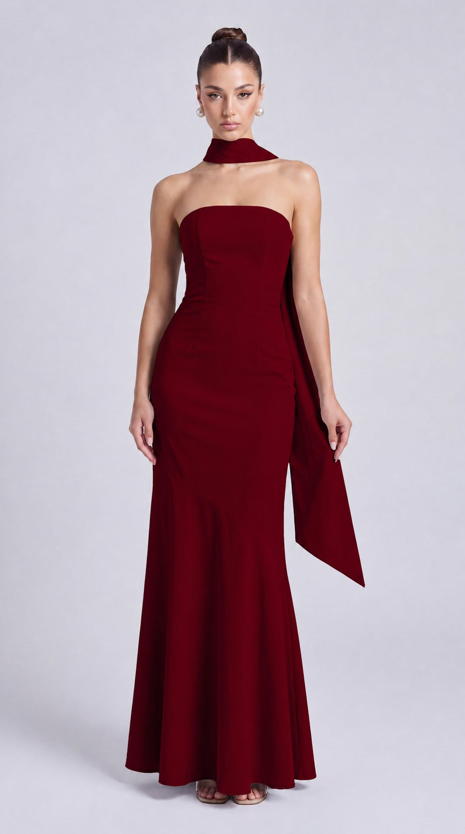 Strapless Scarf-Tie Lace-Up Side Mermaid Maxi Dress – Prom & Evening Gown - Wine Red - View 4