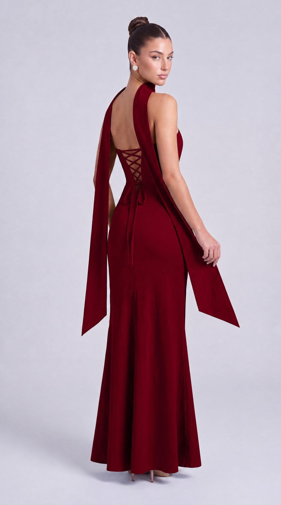 Strapless Scarf-Tie Lace-Up Side Mermaid Maxi Dress – Prom & Evening Gown - Wine Red - View 5