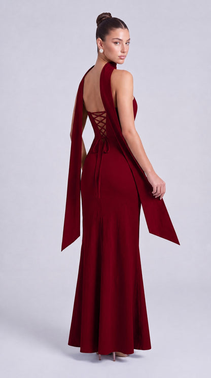 Strapless Scarf-Tie Lace-Up Side Mermaid Maxi Dress – Prom & Evening Gown - Wine Red - View 5