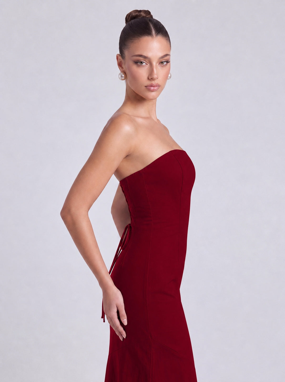 Strapless Scarf-Tie Lace-Up Side Mermaid Maxi Dress – Prom & Evening Gown - Wine Red - View 6