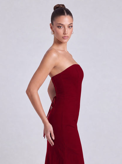 Strapless Scarf-Tie Lace-Up Side Mermaid Maxi Dress – Prom & Evening Gown - Wine Red - View 6