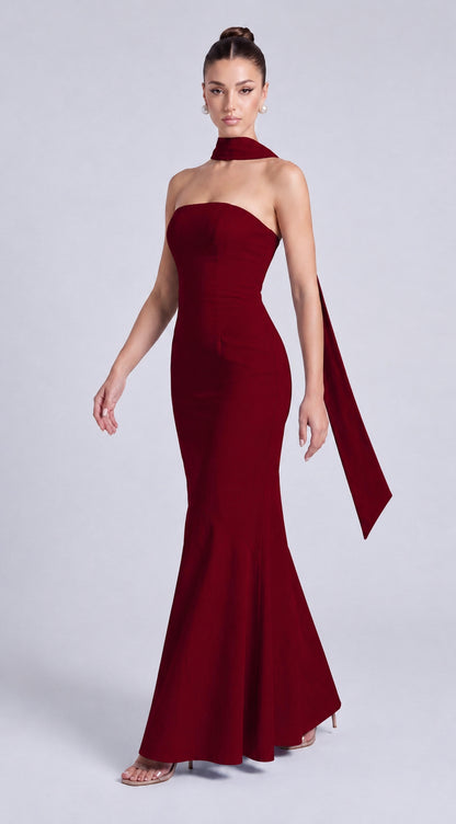 Strapless Scarf-Tie Lace-Up Side Mermaid Maxi Dress – Prom & Evening Gown - Wine Red - View 8