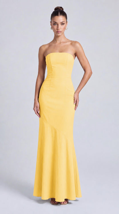 Strapless Scarf-Tie Lace-Up Side Mermaid Maxi Dress – Prom & Evening Gown - Yellow - View 1