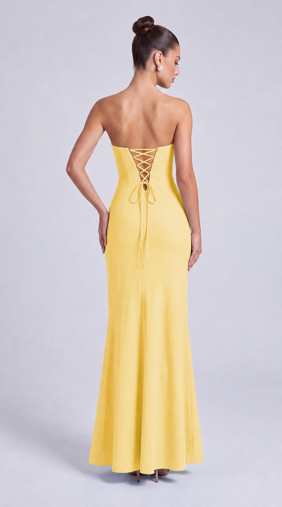 Strapless Scarf-Tie Lace-Up Side Mermaid Maxi Dress – Prom & Evening Gown - Yellow - View 2