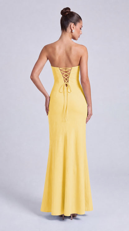 Strapless Scarf-Tie Lace-Up Side Mermaid Maxi Dress – Prom & Evening Gown - Yellow - View 2