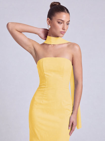 Strapless Scarf-Tie Lace-Up Side Mermaid Maxi Dress – Prom & Evening Gown - Yellow - View 3