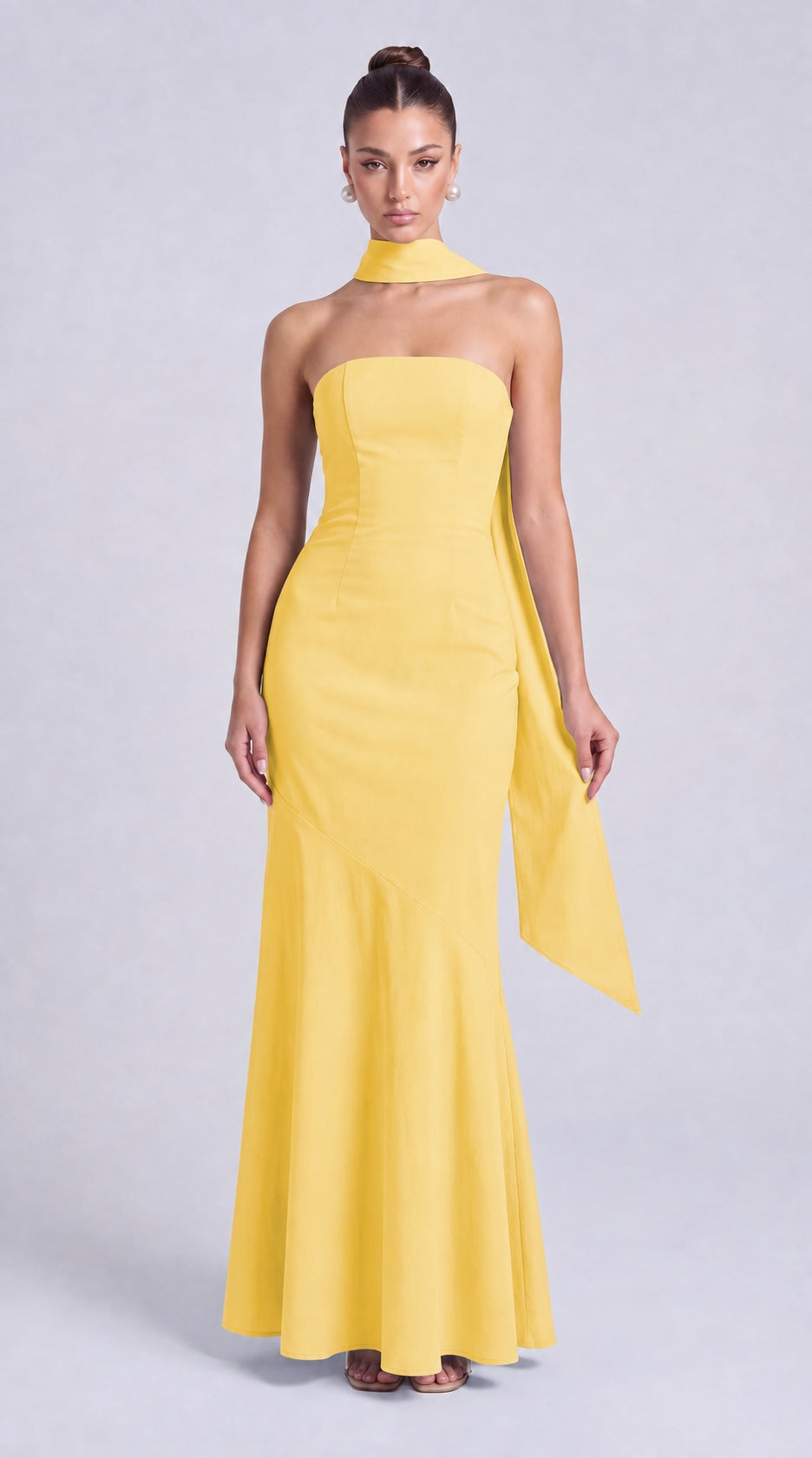 Strapless Scarf-Tie Lace-Up Side Mermaid Maxi Dress – Prom & Evening Gown - Yellow - View 4