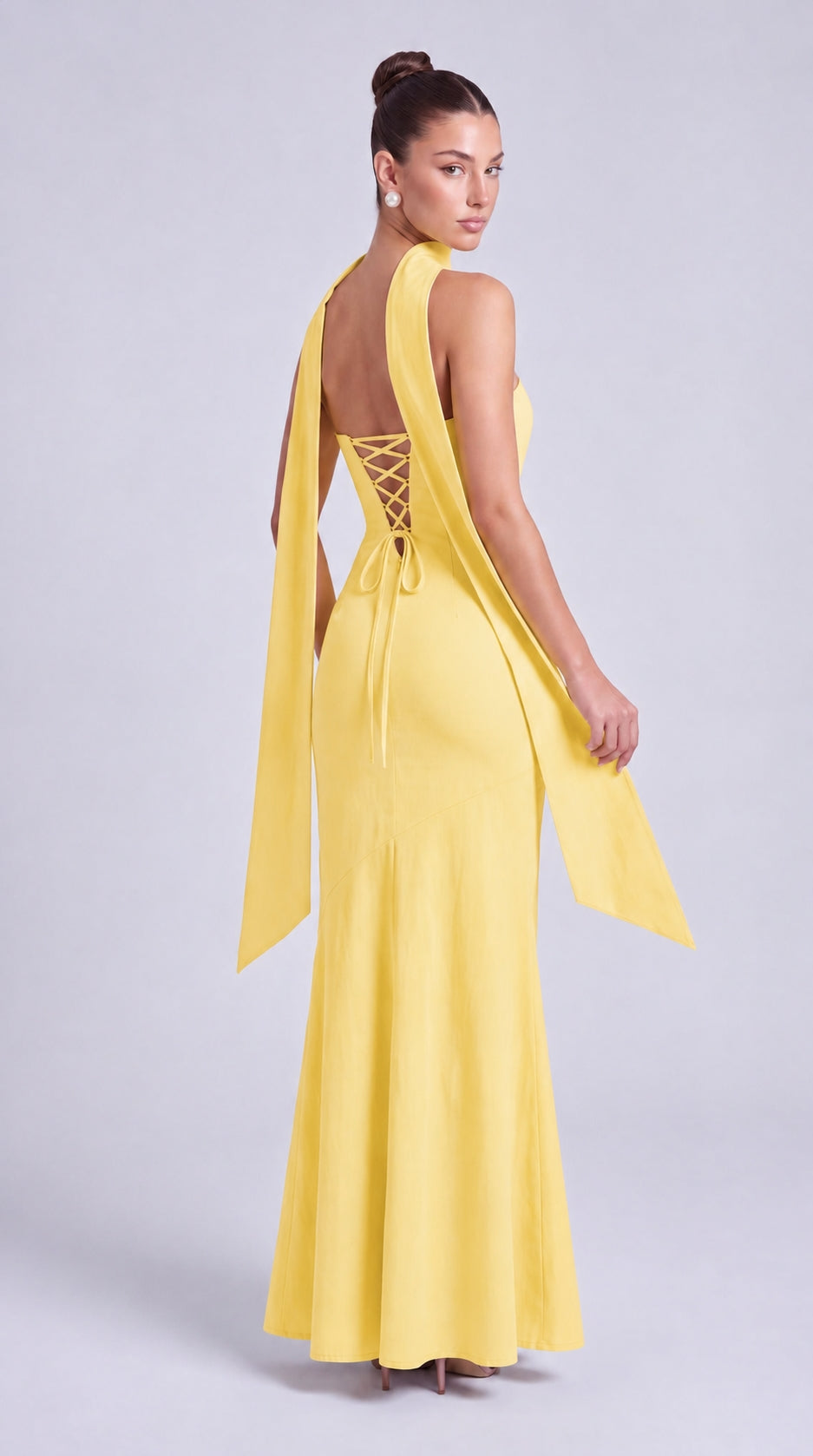 Strapless Scarf-Tie Lace-Up Side Mermaid Maxi Dress – Prom & Evening Gown - Yellow - View 5
