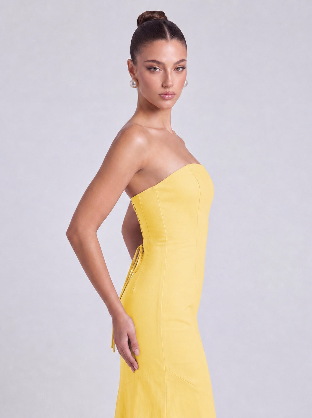 Strapless Scarf-Tie Lace-Up Side Mermaid Maxi Dress – Prom & Evening Gown - Yellow - View 6