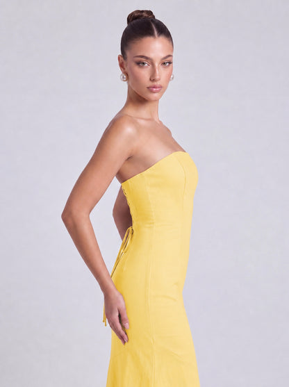 Strapless Scarf-Tie Lace-Up Side Mermaid Maxi Dress – Prom & Evening Gown - Yellow - View 6