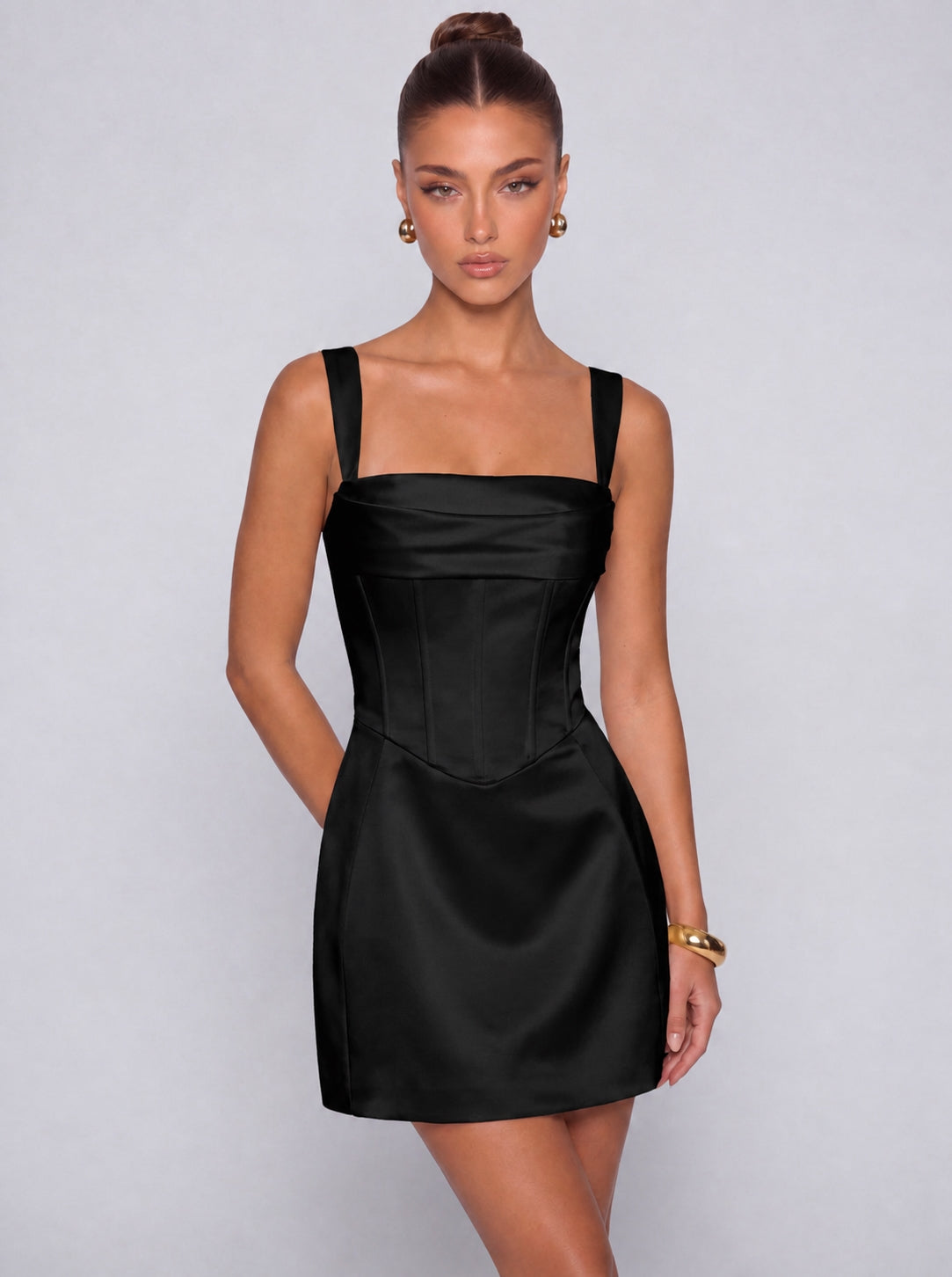 Satin Corset Square Neck Mini Dress – Party & Cocktail Dress - Black - View 1
