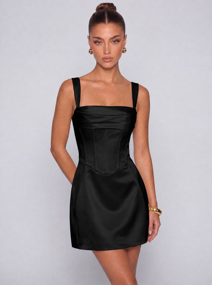 Satin Corset Square Neck Mini Dress – Party & Cocktail Dress - Black - View 1