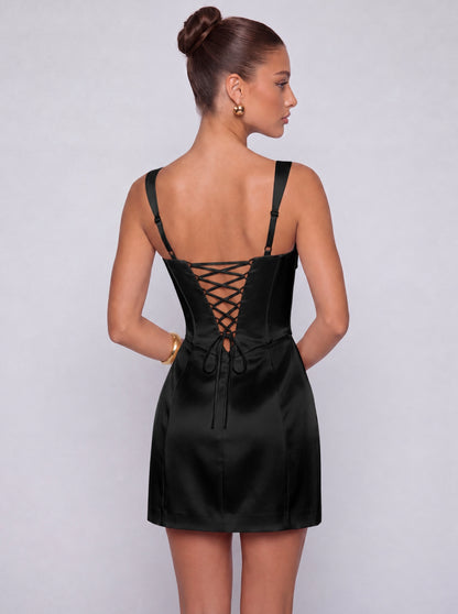 Satin Corset Square Neck Mini Dress – Party & Cocktail Dress - Black - View 2