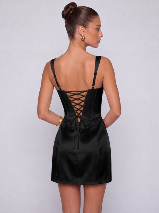 Satin Corset Square Neck Mini Dress – Party & Cocktail Dress - Black - View 2