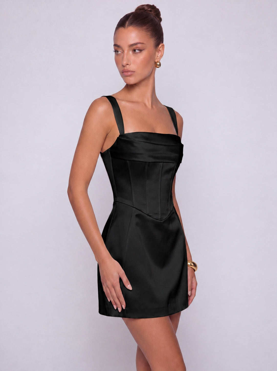 Satin Corset Square Neck Mini Dress – Party & Cocktail Dress - Black - View 3