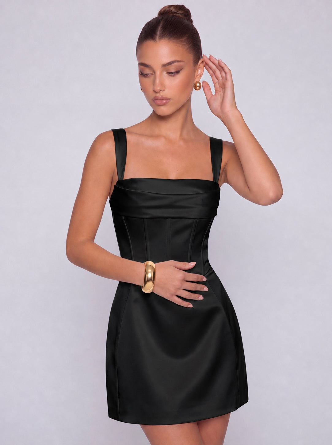 Satin Corset Square Neck Mini Dress – Party & Cocktail Dress - Black - View 6