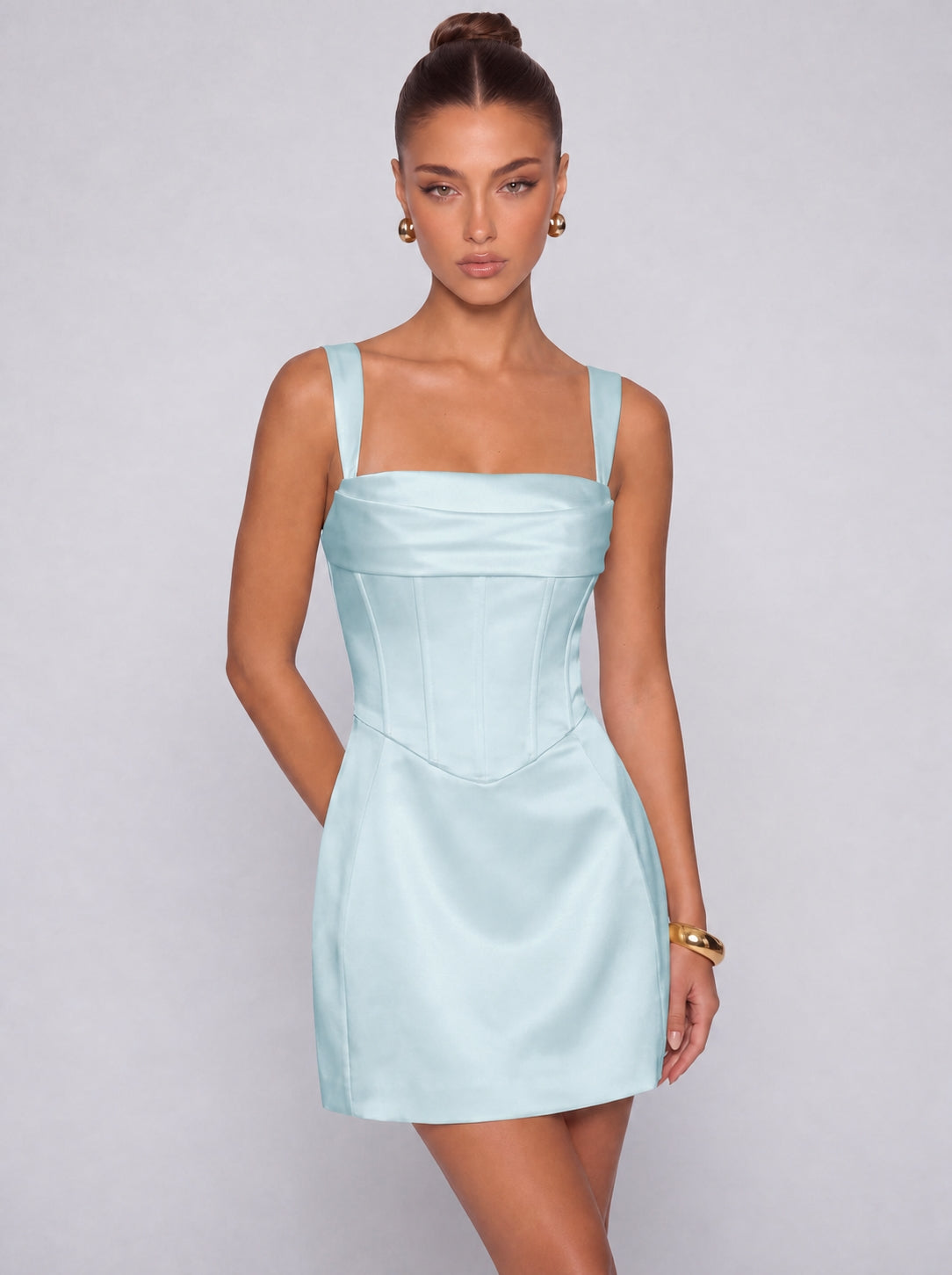 Satin Corset Square Neck Mini Dress – Party & Cocktail Dress - Light Blue - View 1