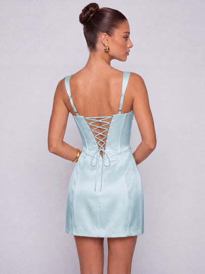Satin Corset Square Neck Mini Dress – Party & Cocktail Dress - Light Blue - View 2