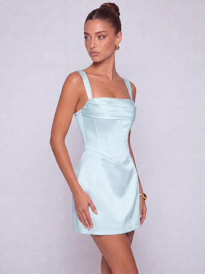 Satin Corset Square Neck Mini Dress – Party & Cocktail Dress - Light Blue - View 3