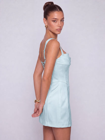 Satin Corset Square Neck Mini Dress – Party & Cocktail Dress - Light Blue - View 4