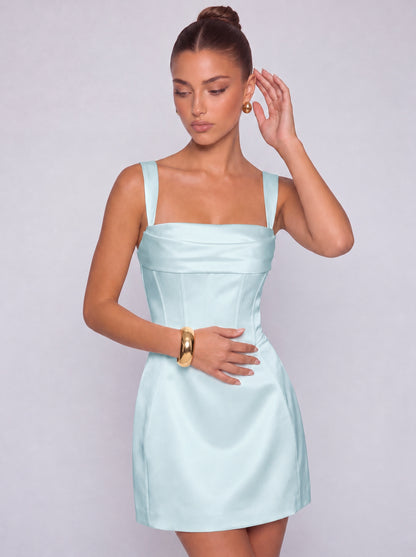 Satin Corset Square Neck Mini Dress – Party & Cocktail Dress - Light Blue - View 6