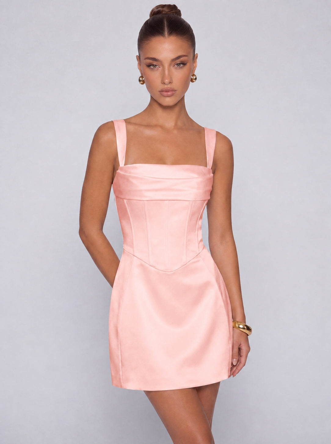 Satin Corset Square Neck Mini Dress – Party & Cocktail Dress - Light Pink - View 1