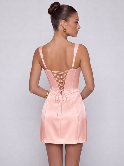 Satin Corset Square Neck Mini Dress – Party & Cocktail Dress - Light Pink - View 2