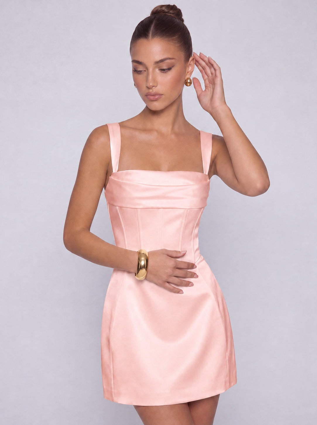 Satin Corset Square Neck Mini Dress – Party & Cocktail Dress - Light Pink - View 6
