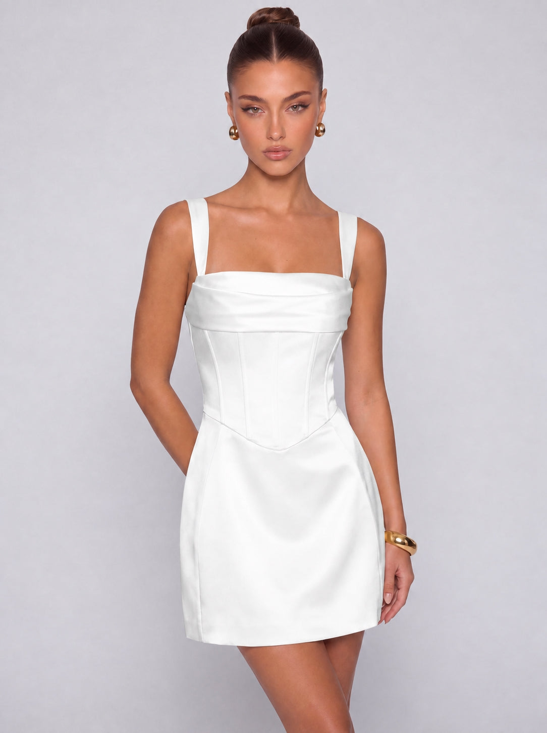 Satin Corset Square Neck Mini Dress – Party & Cocktail Dress - White - View 1