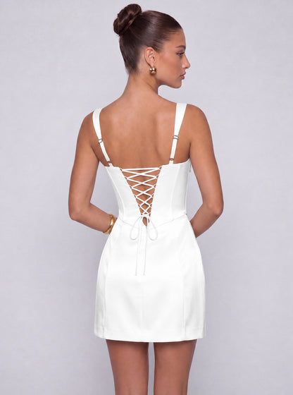 Satin Corset Square Neck Mini Dress – Party & Cocktail Dress - White - View 2