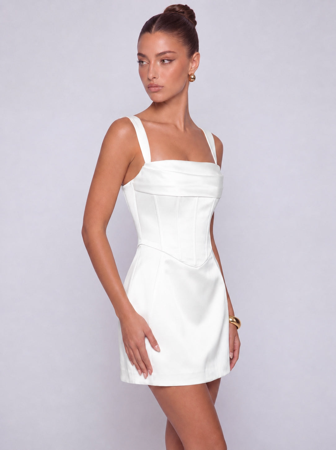 Satin Corset Square Neck Mini Dress – Party & Cocktail Dress - White - View 3