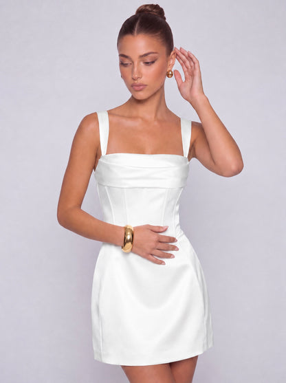 Satin Corset Square Neck Mini Dress – Party & Cocktail Dress - White - View 6