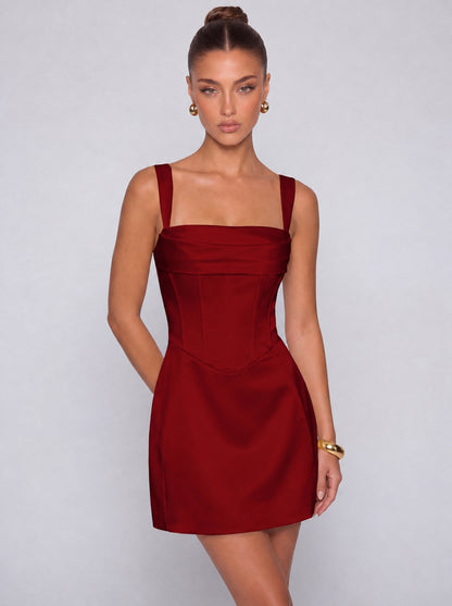 Satin Corset Square Neck Mini Dress – Party & Cocktail Dress - Wine Red - View 1