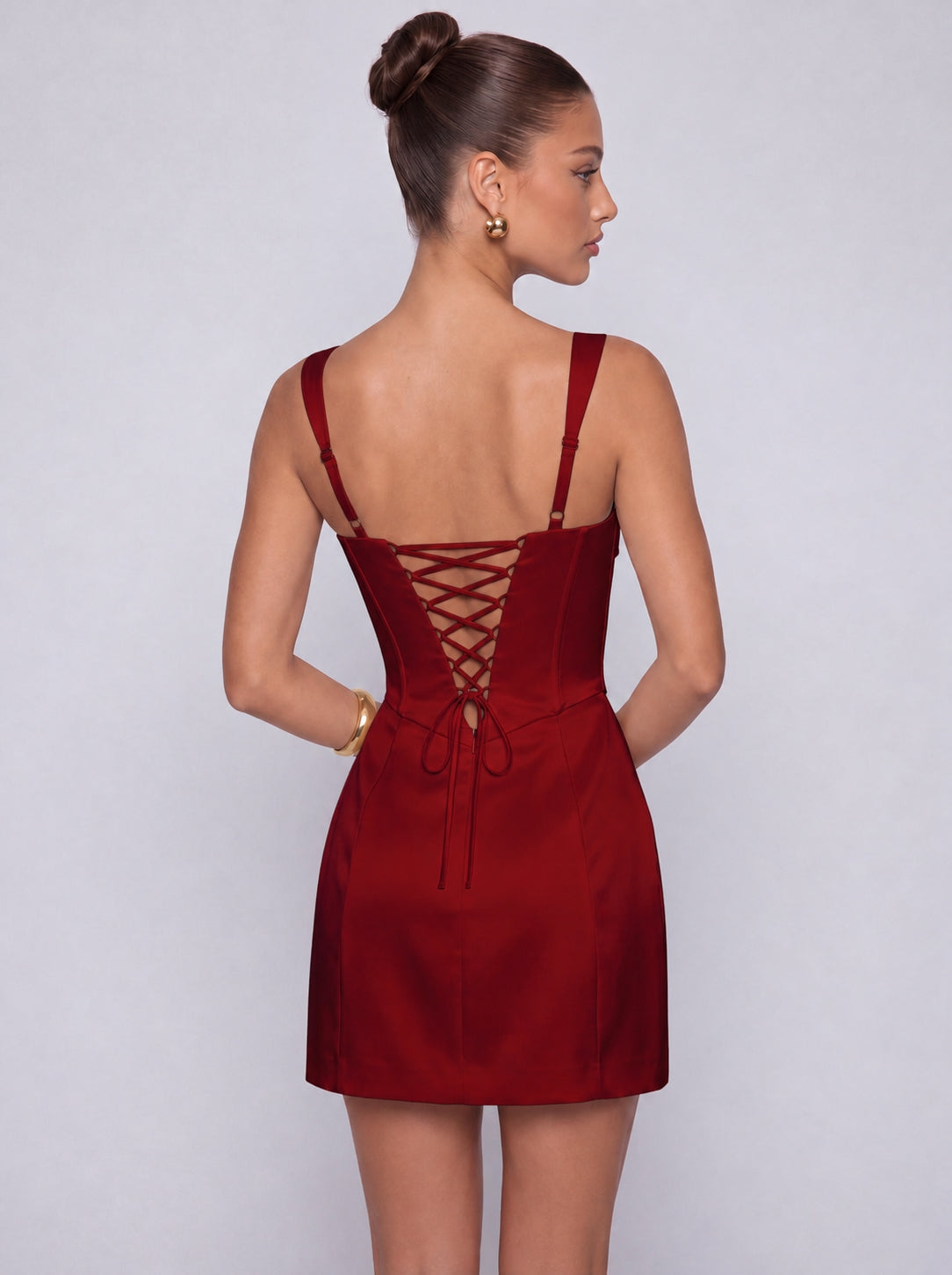 Satin Corset Square Neck Mini Dress – Party & Cocktail Dress - Wine Red - View 2