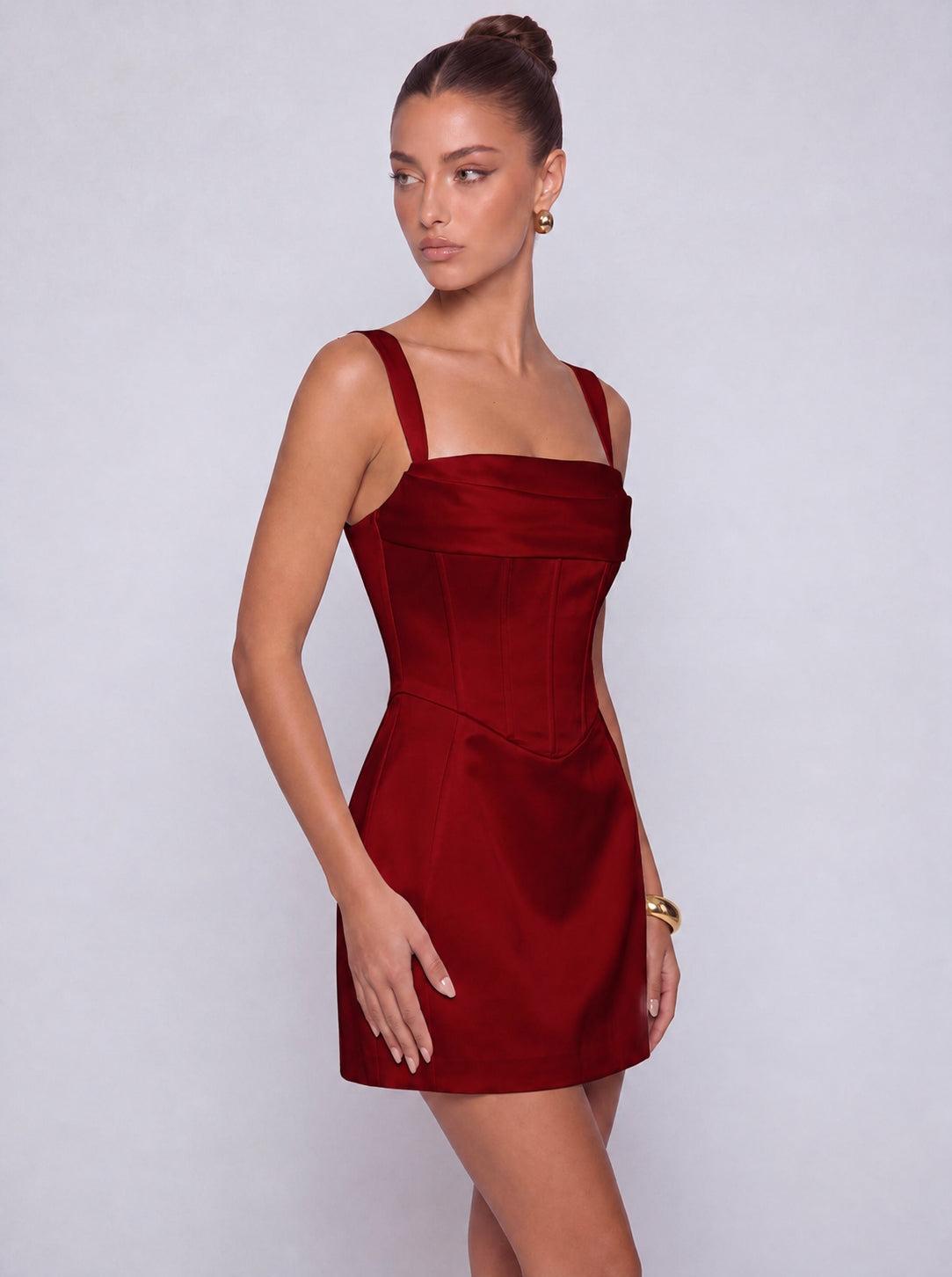 Satin Corset Square Neck Mini Dress – Party & Cocktail Dress - Wine Red - View 3