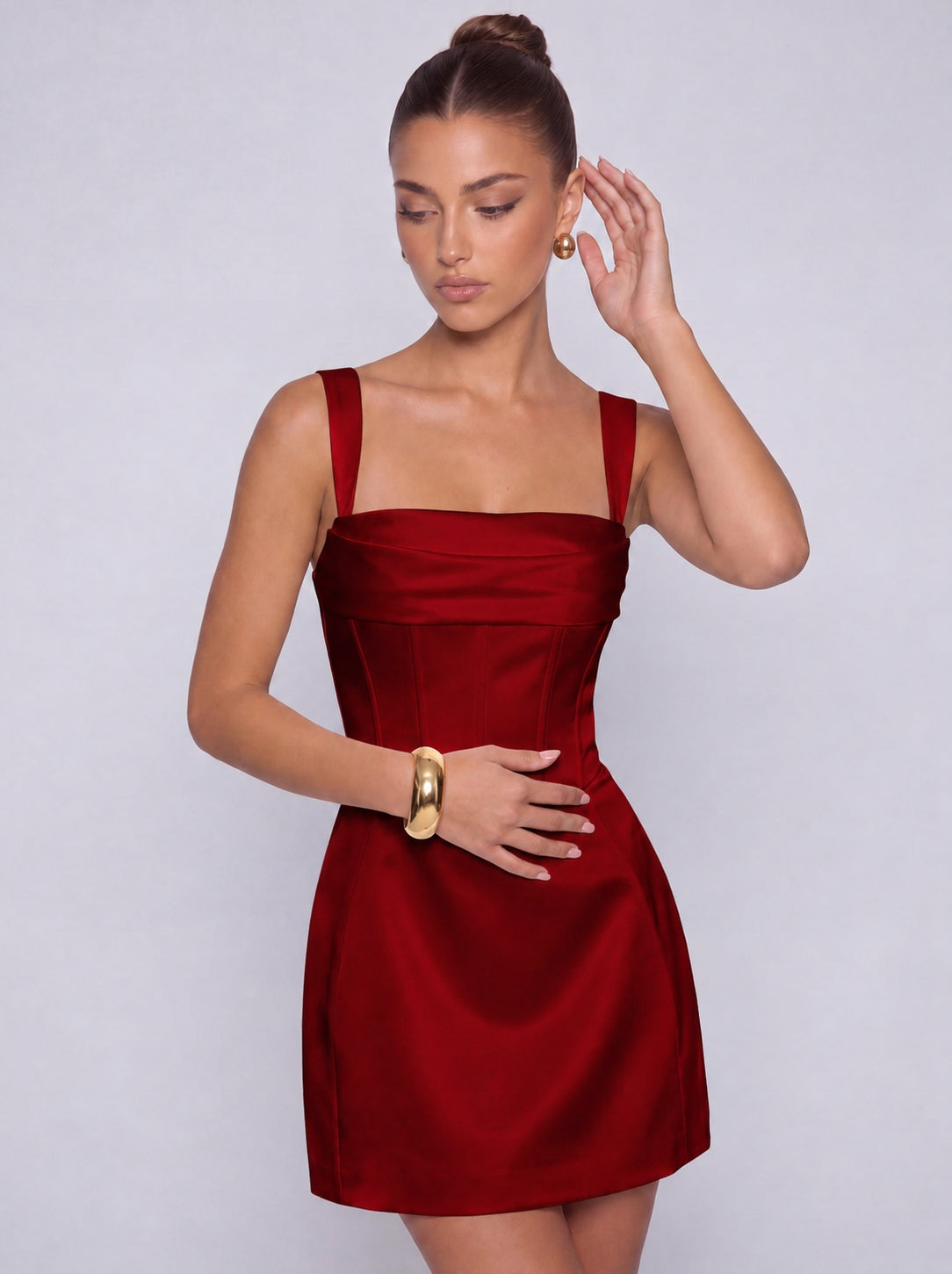 Satin Corset Square Neck Mini Dress – Party & Cocktail Dress - Wine Red - View 6