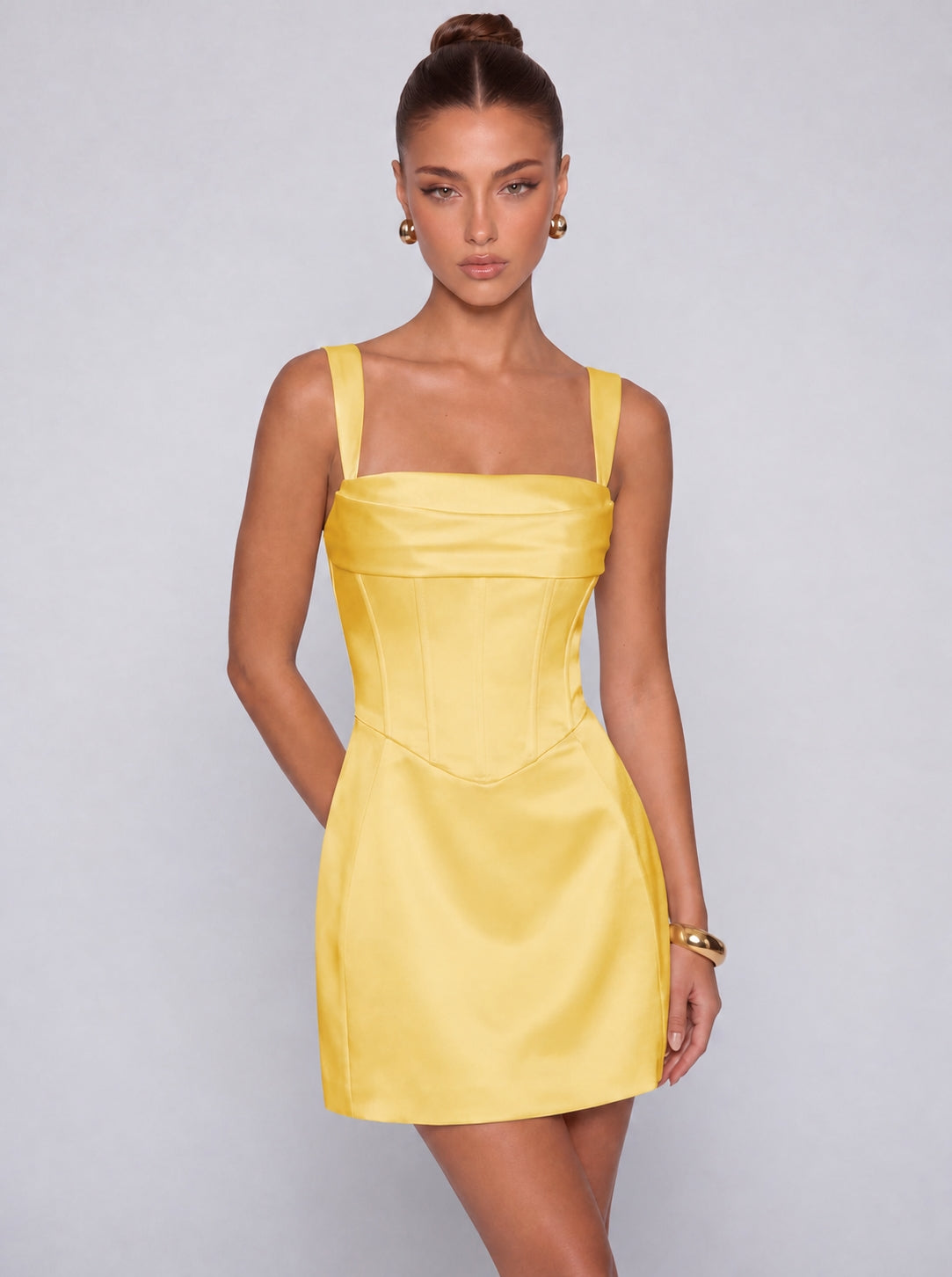 Satin Corset Square Neck Mini Dress – Party & Cocktail Dress - Yellow - View 1