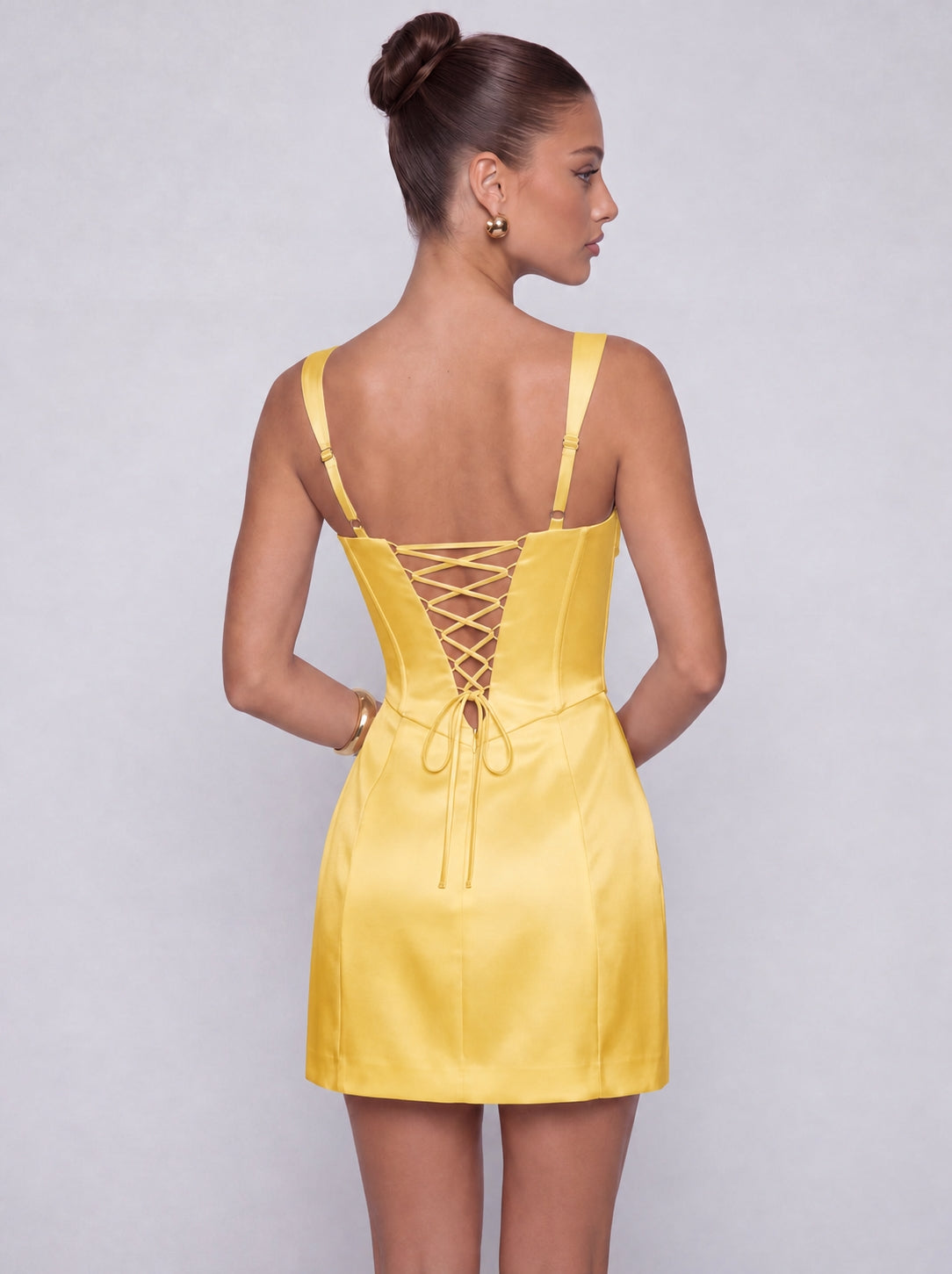 Satin Corset Square Neck Mini Dress – Party & Cocktail Dress - Yellow - View 2