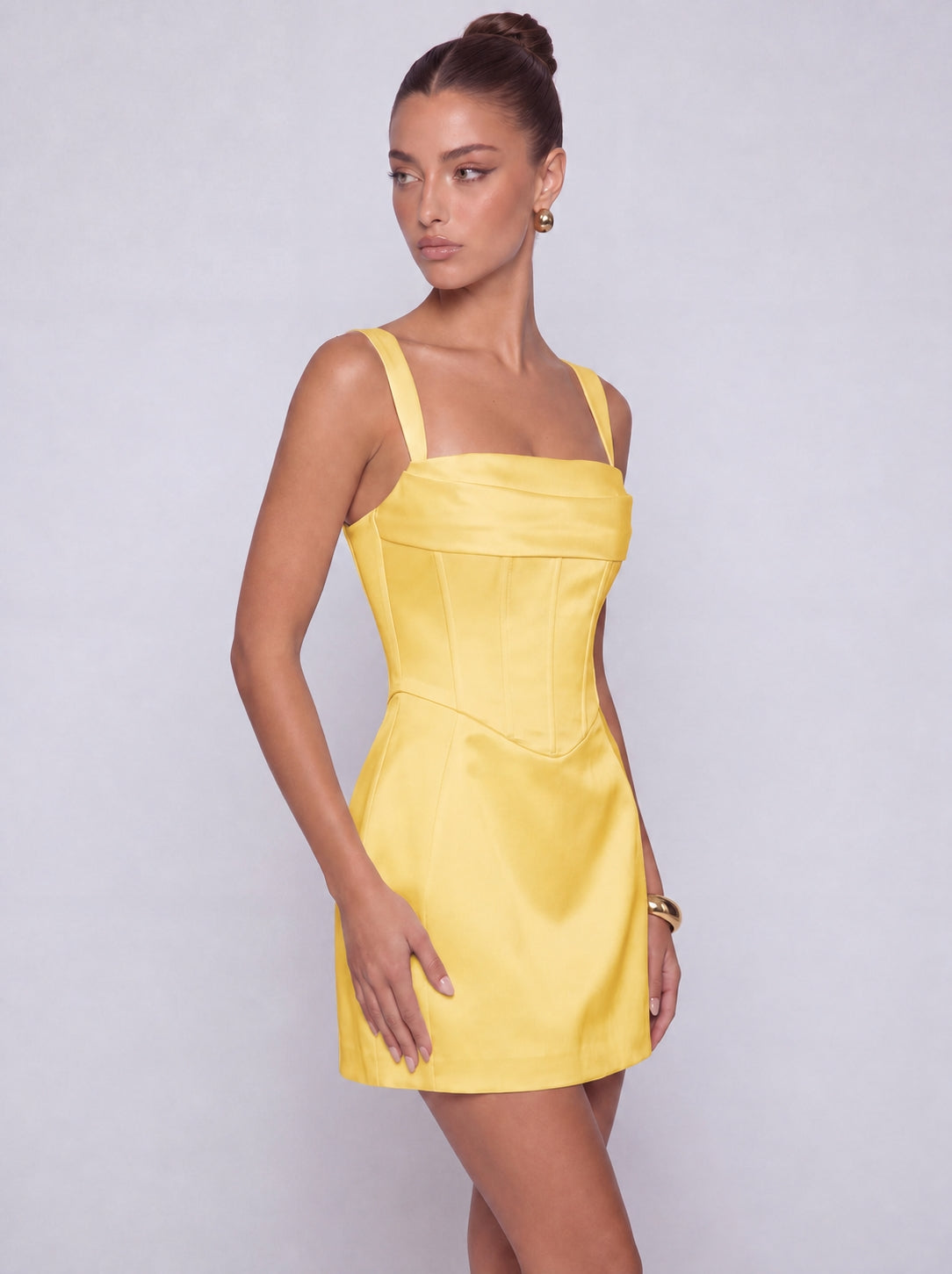 Satin Corset Square Neck Mini Dress – Party & Cocktail Dress - Yellow - View 3