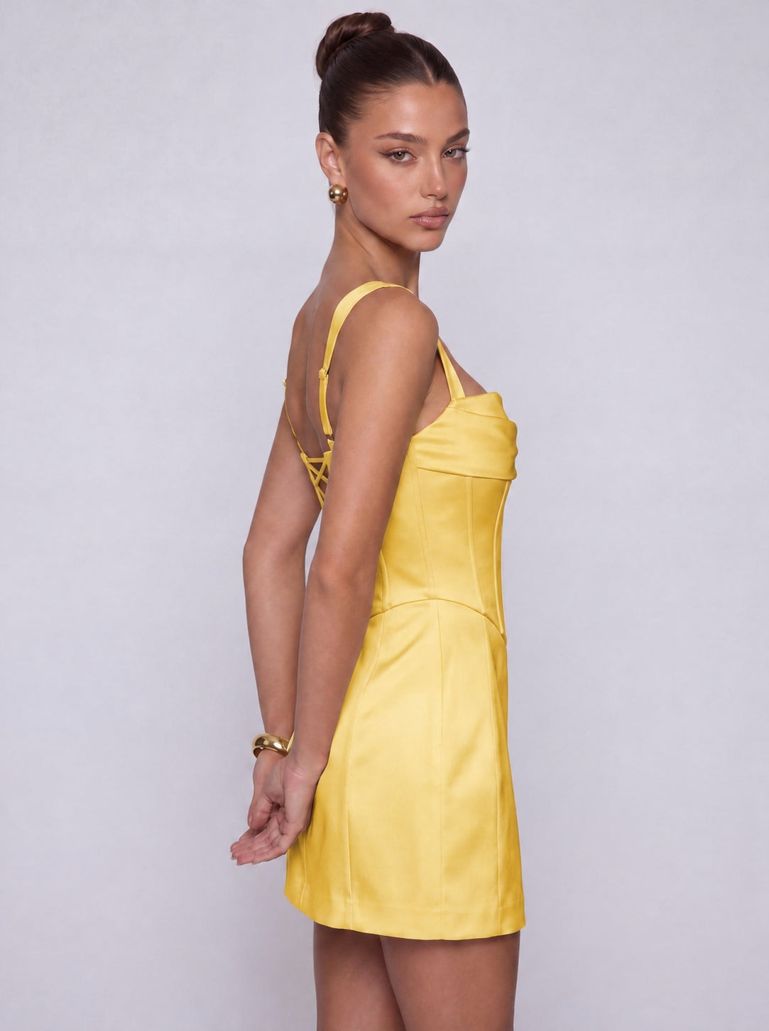 Satin Corset Square Neck Mini Dress – Party & Cocktail Dress - Yellow - View 4