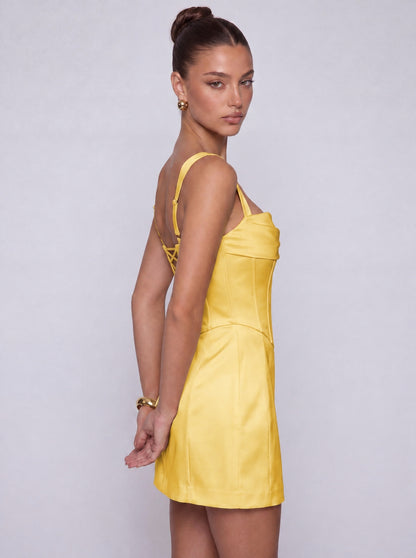 Satin Corset Square Neck Mini Dress – Party & Cocktail Dress - Yellow - View 4