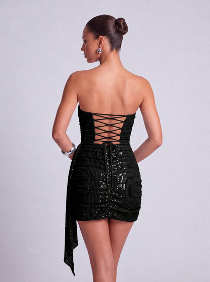 Strapless Sequin Ruched Draped Side Sash Bodycon Mini Dress – Party & Cocktail Dress - Black - View 3