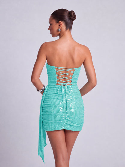 Strapless Sequin Ruched Draped Side Sash Bodycon Mini Dress – Party & Cocktail Dress - Light Blue - View 3