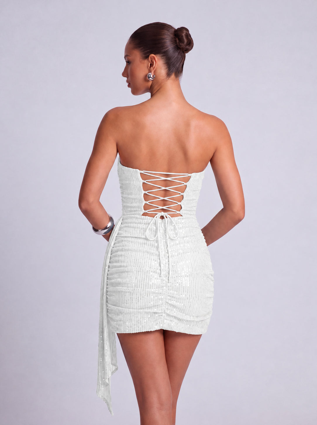 Strapless Sequin Ruched Draped Side Sash Bodycon Mini Dress – Party & Cocktail Dress - White - View 3