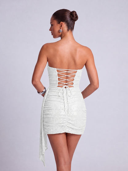Strapless Sequin Ruched Draped Side Sash Bodycon Mini Dress – Party & Cocktail Dress - White - View 3