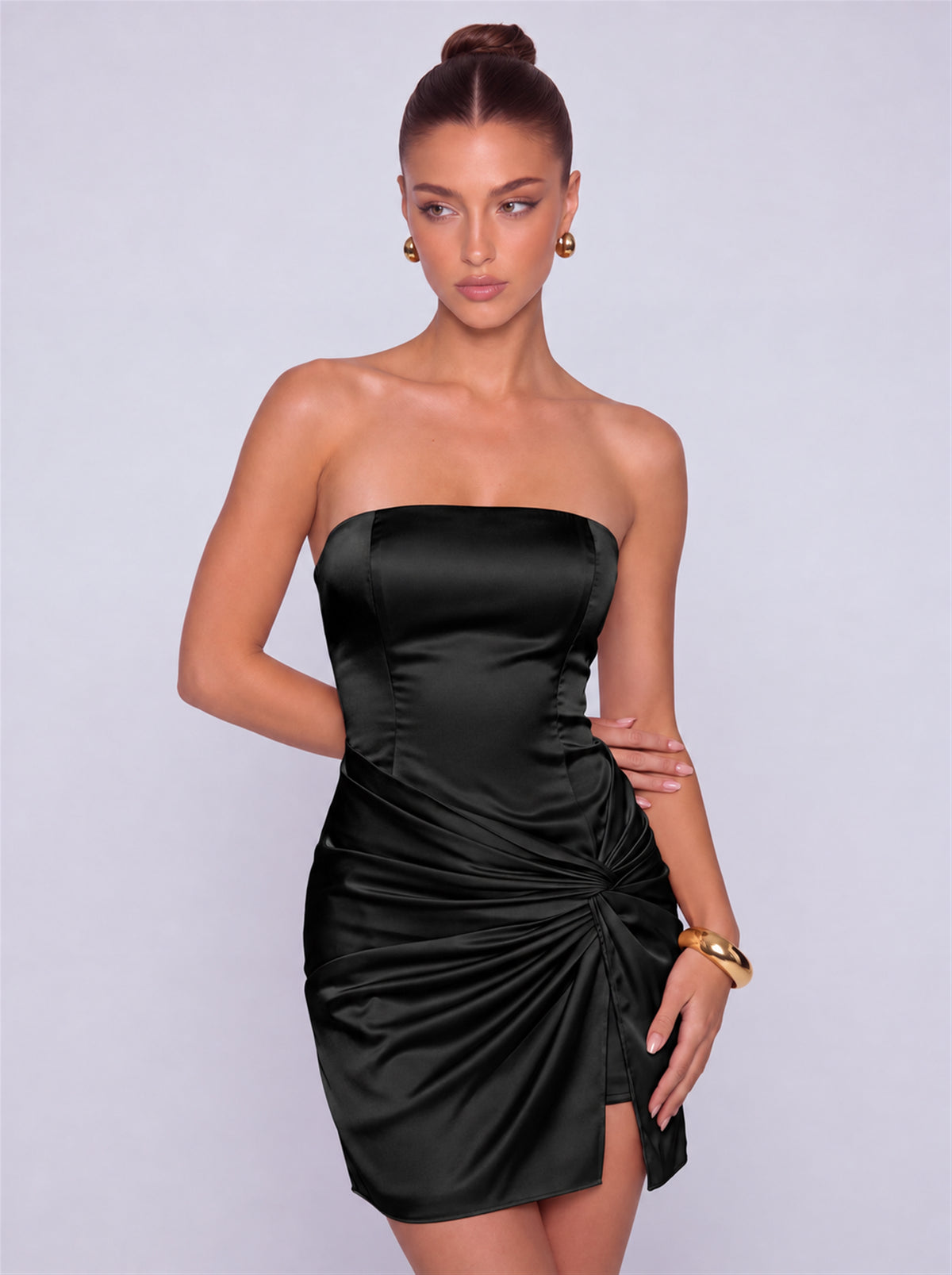 Strapless Satin Lace-Up Back Twist-Front Mini Dress – Party & Cocktail Dress - Black - View 2